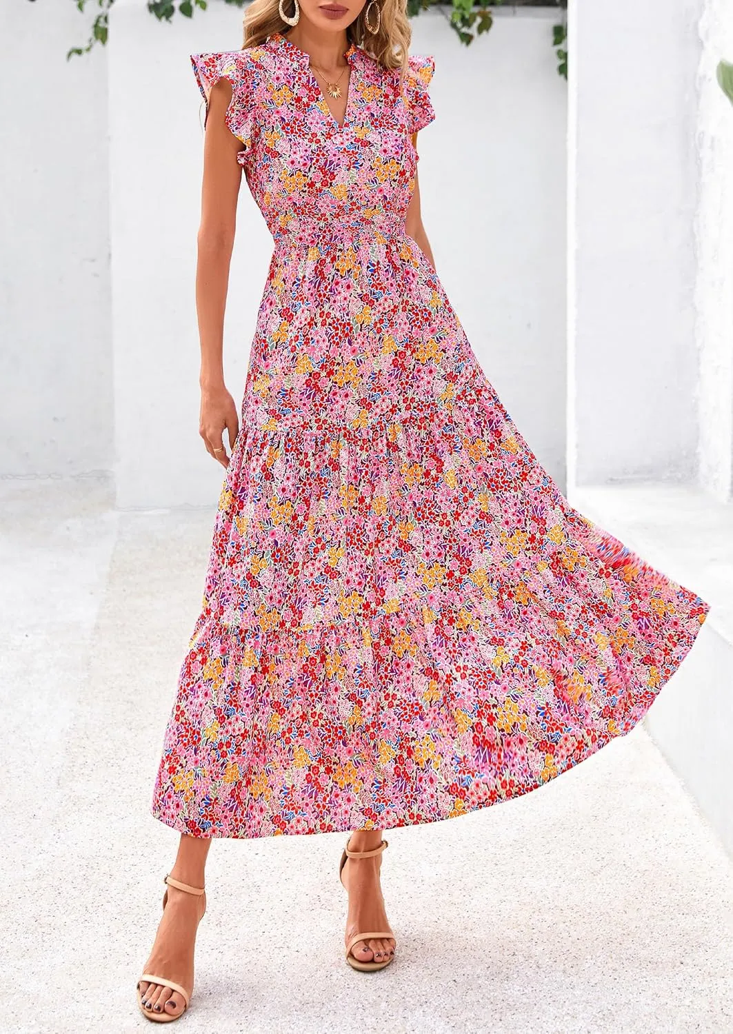 PRETTYGARDEN Women's 2025 Summer Floral Midi Dress Cap Sleeve V Neck Ruffle Long Flowy Boho Casual Beach Vacation Dresses