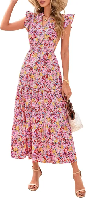PRETTYGARDEN Women's 2025 Summer Floral Midi Dress Cap Sleeve V Neck Ruffle Long Flowy Boho Casual Beach Vacation Dresses