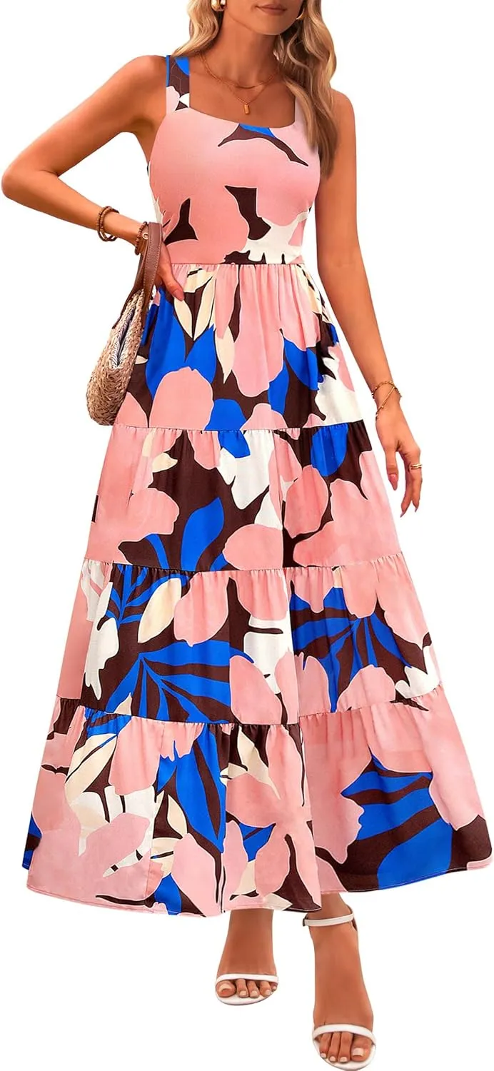 PRETTYGARDEN Women's Summer Floral Maxi Dress Sleeveless Smocked Ruffle Long Flowy Beach Vacation Boho Sundresses