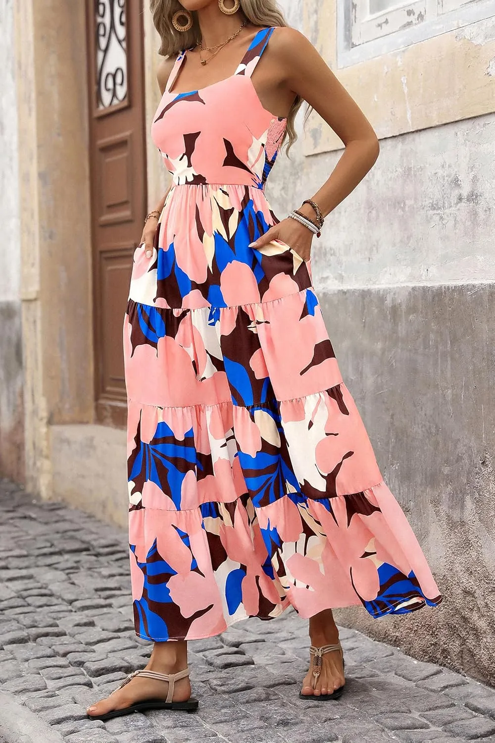 PRETTYGARDEN Women's Summer Floral Maxi Dress Sleeveless Smocked Ruffle Long Flowy Beach Vacation Boho Sundresses