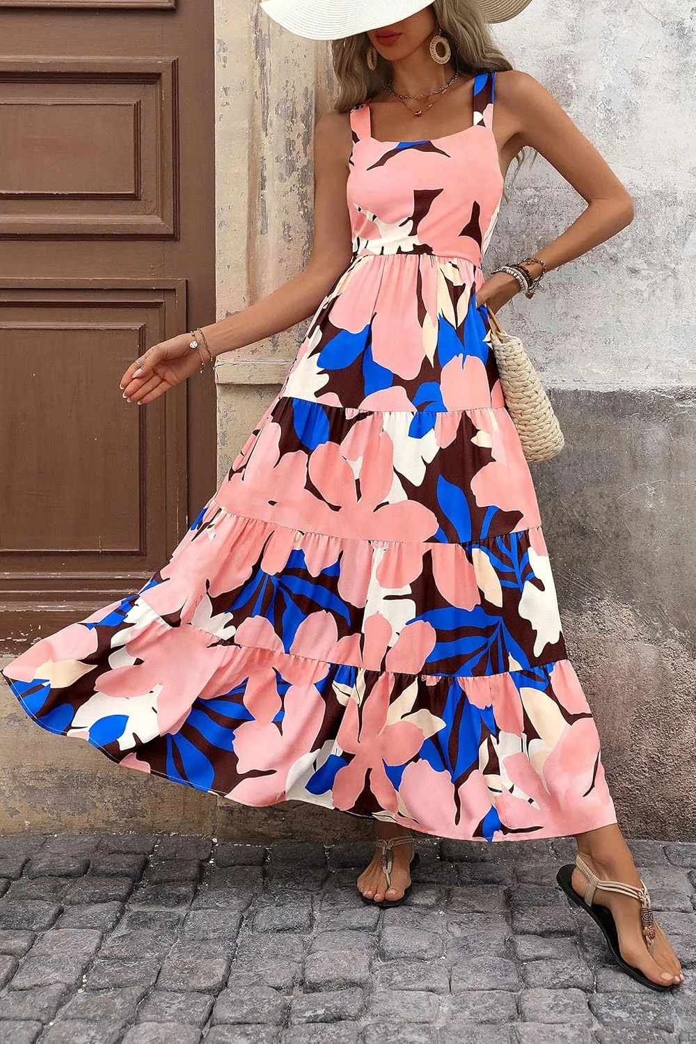 PRETTYGARDEN Women's Summer Floral Maxi Dress Sleeveless Smocked Ruffle Long Flowy Beach Vacation Boho Sundresses