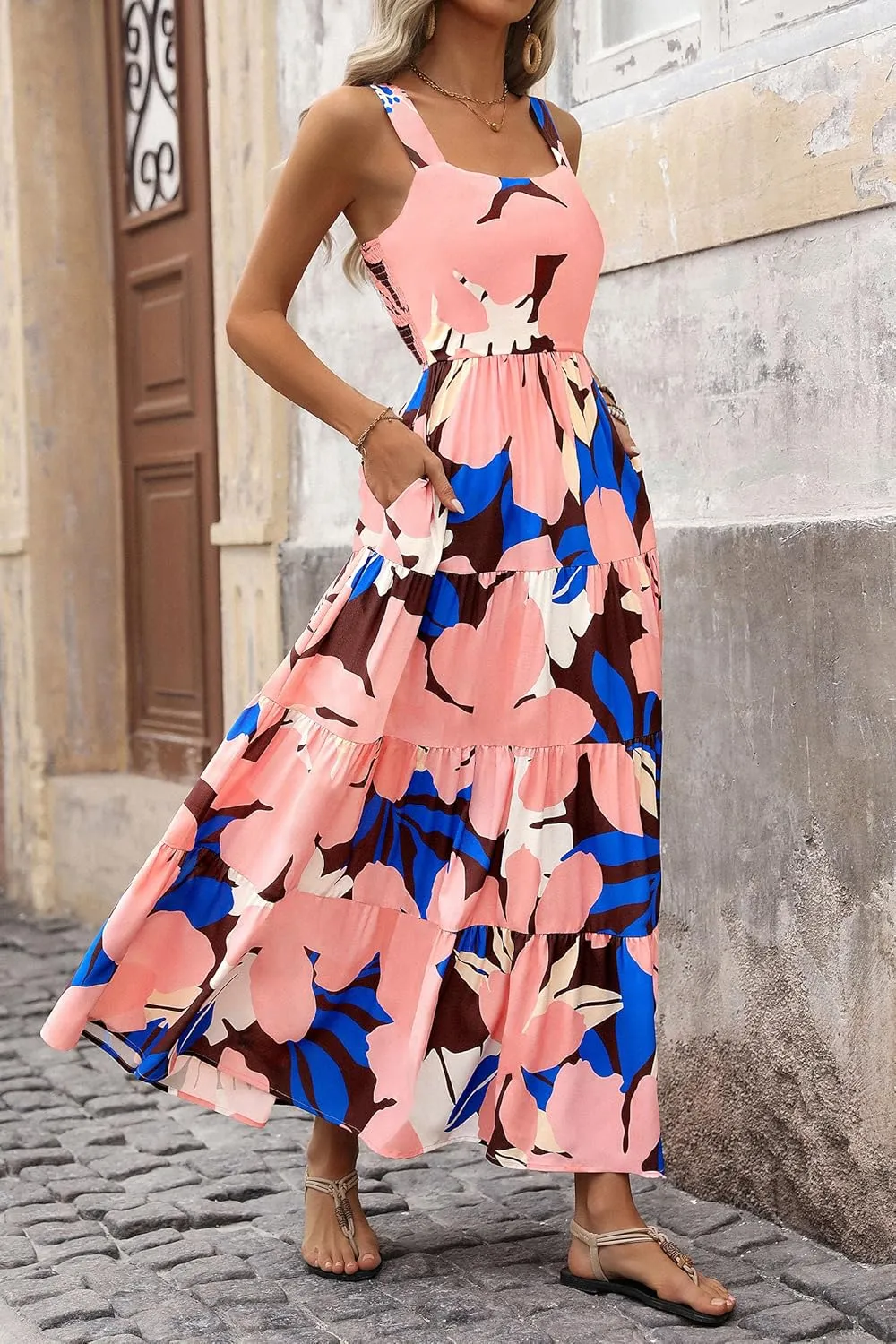 PRETTYGARDEN Women's Summer Floral Maxi Dress Sleeveless Smocked Ruffle Long Flowy Beach Vacation Boho Sundresses
