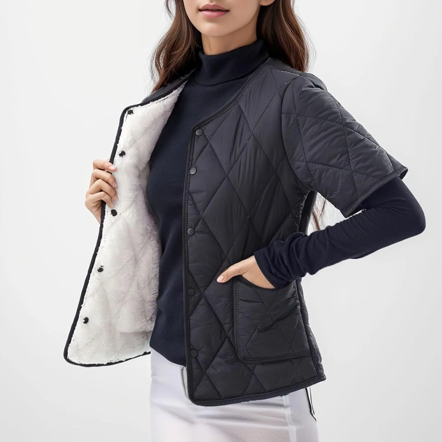 Quilted Jackets for Women Lightweight Short Sleeve Petite Puffer Down Jacket Parkas Button Fleece Sherpa Winter Coat