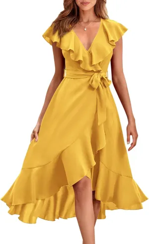 RETTYGARDEN Women's 2025 Summer Cross Midi Dress Casual Boho Deep V Neck Short Sleeve Ruffle Hem Split Beach Long Dresses