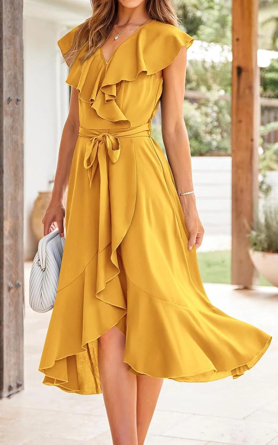 RETTYGARDEN Women's 2025 Summer Cross Midi Dress Casual Boho Deep V Neck Short Sleeve Ruffle Hem Split Beach Long Dresses