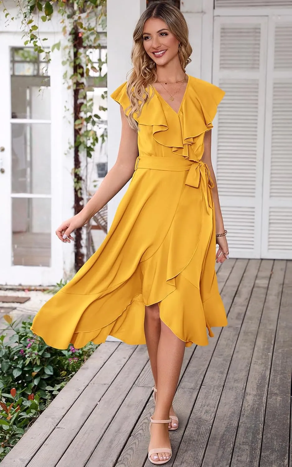 RETTYGARDEN Women's 2025 Summer Cross Midi Dress Casual Boho Deep V Neck Short Sleeve Ruffle Hem Split Beach Long Dresses