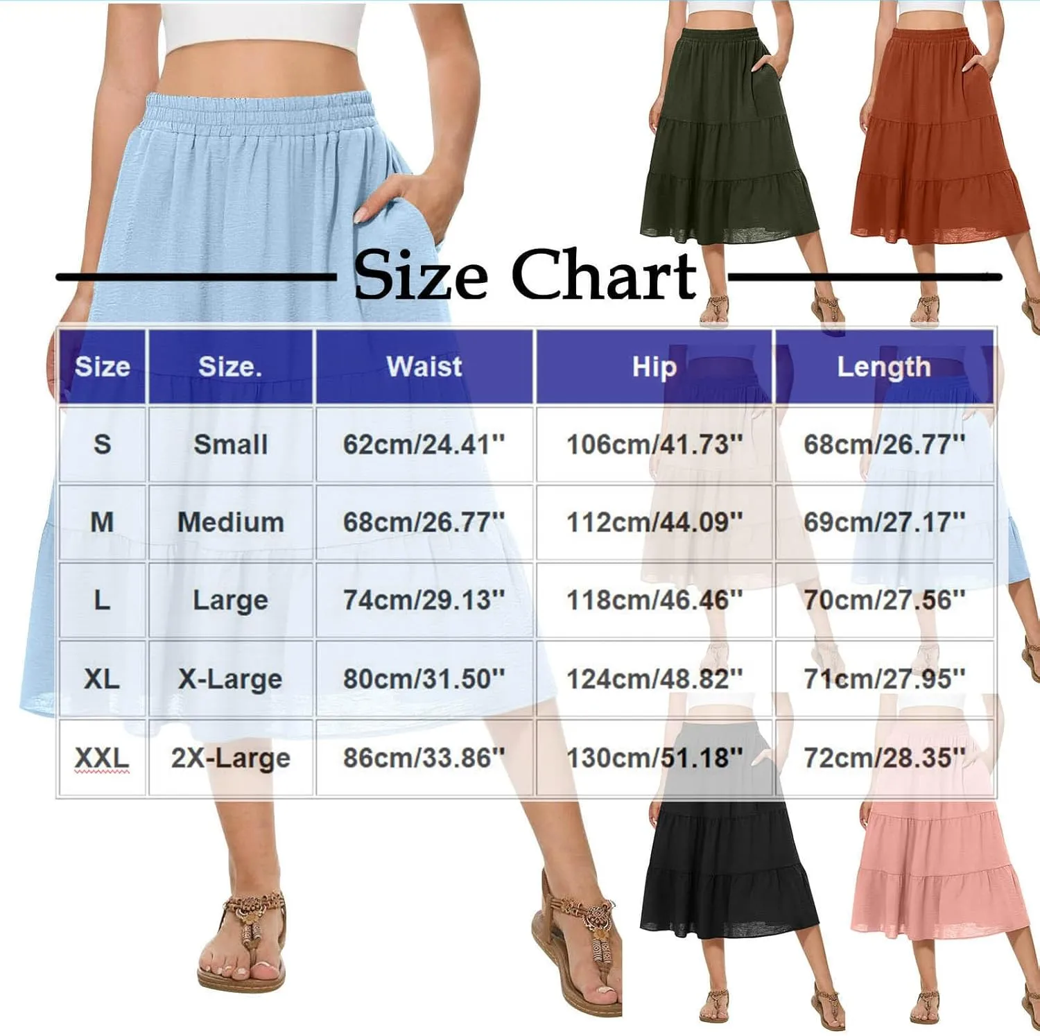 Ruffle Skirts Women Summer Beach Skirts A Line Pleated Skirts Midi Skirts with Pockets Elastic Waisted Flowy Skirts
