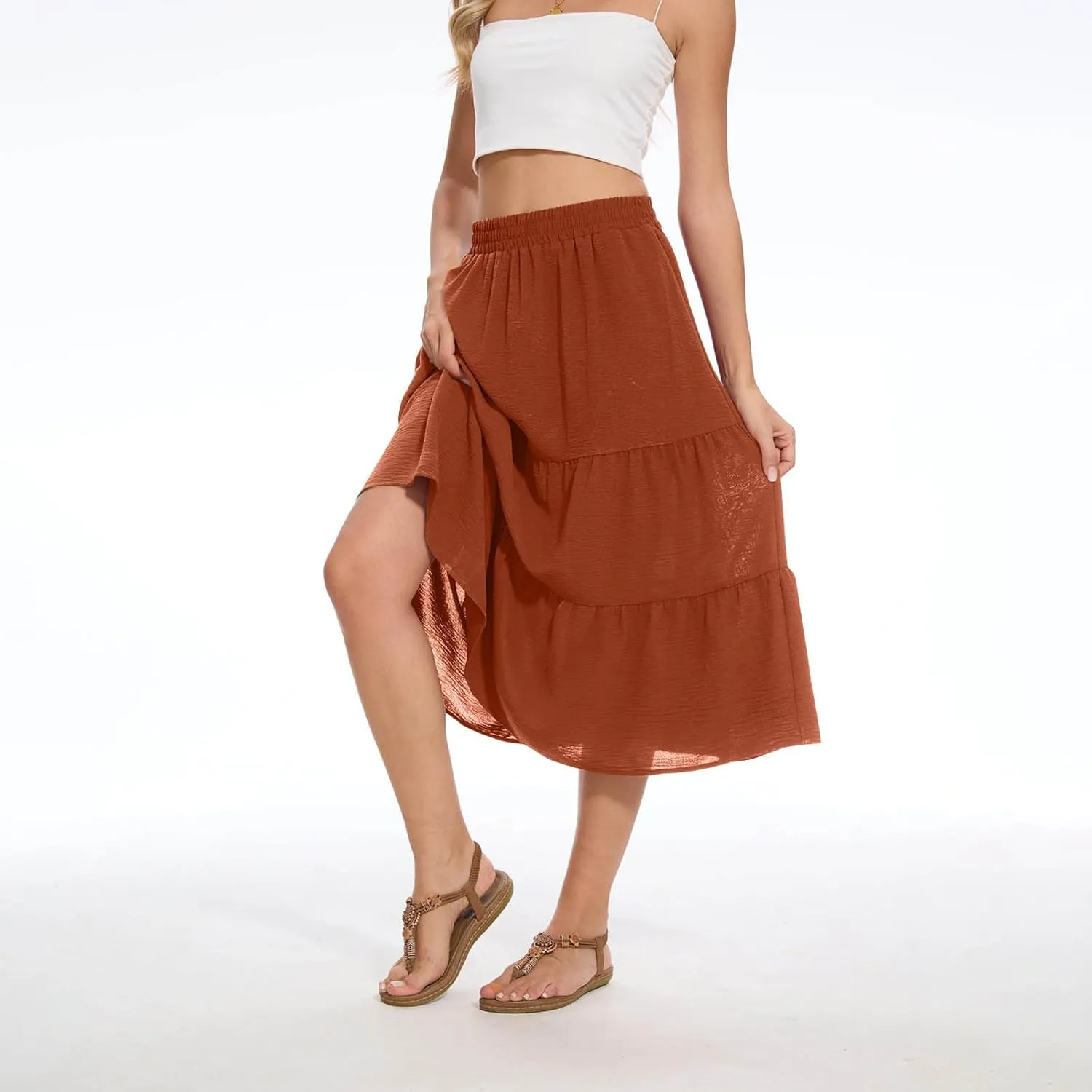 Ruffle Skirts Women Summer Beach Skirts A Line Pleated Skirts Midi Skirts with Pockets Elastic Waisted Flowy Skirts