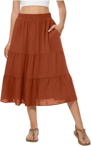Ruffle Skirts Women Summer Beach Skirts A Line Pleated Skirts Midi Skirts with Pockets Elastic Waisted Flowy Skirts