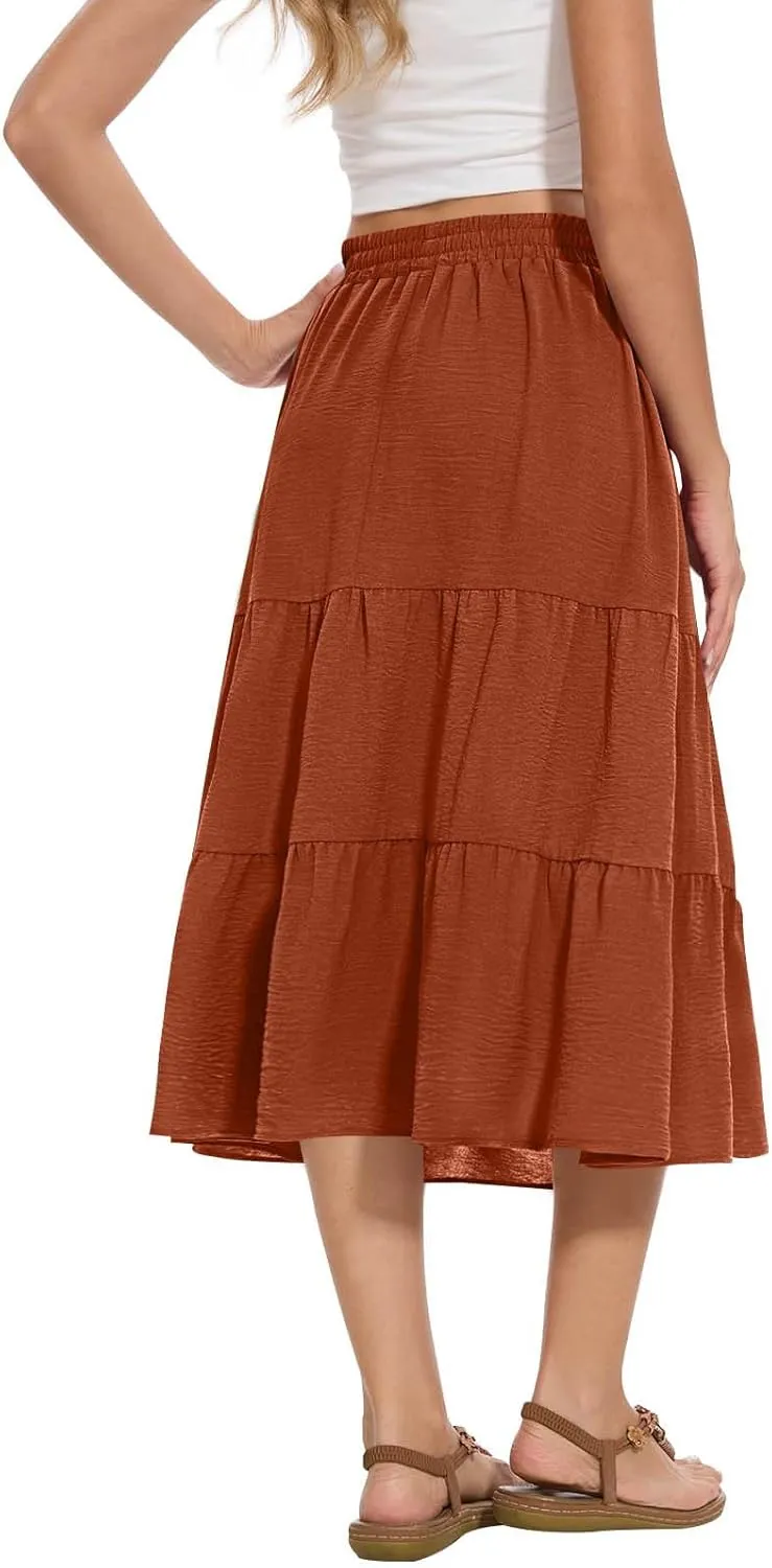 Ruffle Skirts Women Summer Beach Skirts A Line Pleated Skirts Midi Skirts with Pockets Elastic Waisted Flowy Skirts