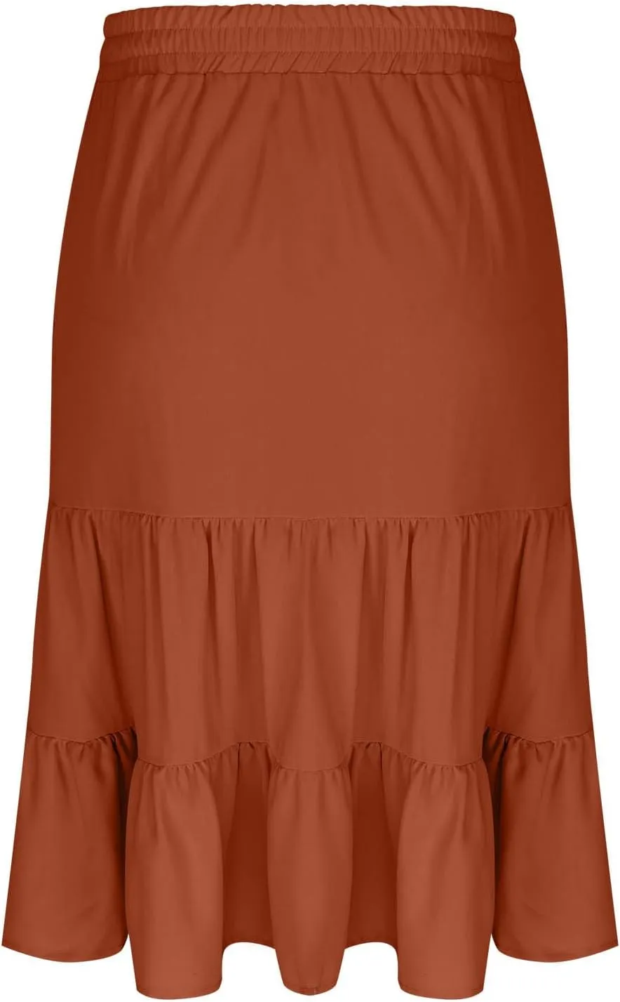 Ruffle Skirts Women Summer Beach Skirts A Line Pleated Skirts Midi Skirts with Pockets Elastic Waisted Flowy Skirts
