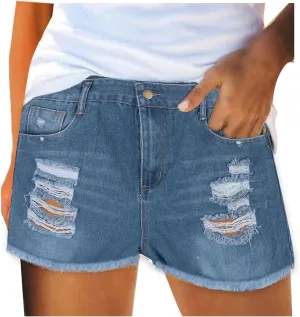 Rvidbe Denim Shorts for Women Juniors Casual Summer Mid Rise Stretchy Ripped Cuffed Hem Tassels Jean Shorts with Pockets Womens Jean Shorts High Waisted Shorts for Women Dressy Summer