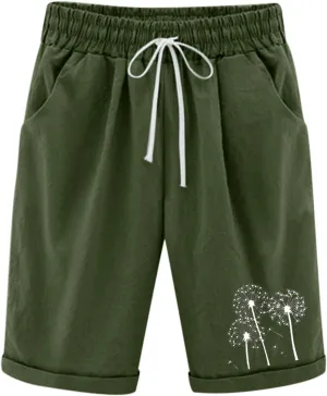 Rvidbe Womens Bermuda Shorts Women's Summer Knee Length Elastic Waist Long Linen Walk Shorts with Pockets Bermuda Shorts for Women Denim Shorts for Women High Waisted