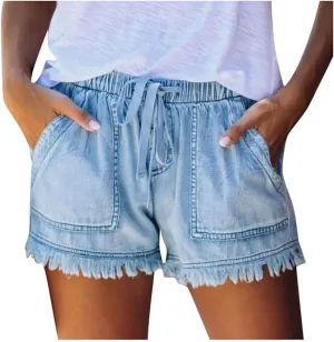 Rvidbe Womens Denim Shorts Juniors Casual Summer Mid Rise Stretchy Ripped Cuffed Hem Tassels Jean Shorts with Pockets Denim Shorts for Women High Waisted Jean Shorts Womens High Waisted