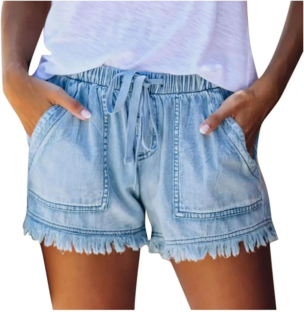 Rvidbe Womens Denim Shorts Juniors Casual Summer Mid Rise Stretchy Ripped Cuffed Hem Tassels Jean Shorts with Pockets Denim Shorts for Women High Waisted Jean Shorts Womens High Waisted