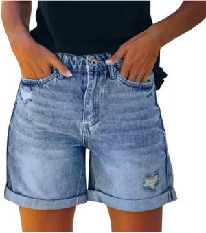 Rvidbe Womens Jean Shorts Juniors Casual Summer Mid Waisted Stretchy Rolled Hem Tassels Denim Shorts with Pockets Women's Denim Shorts Jean Shorts Womens High Waisted