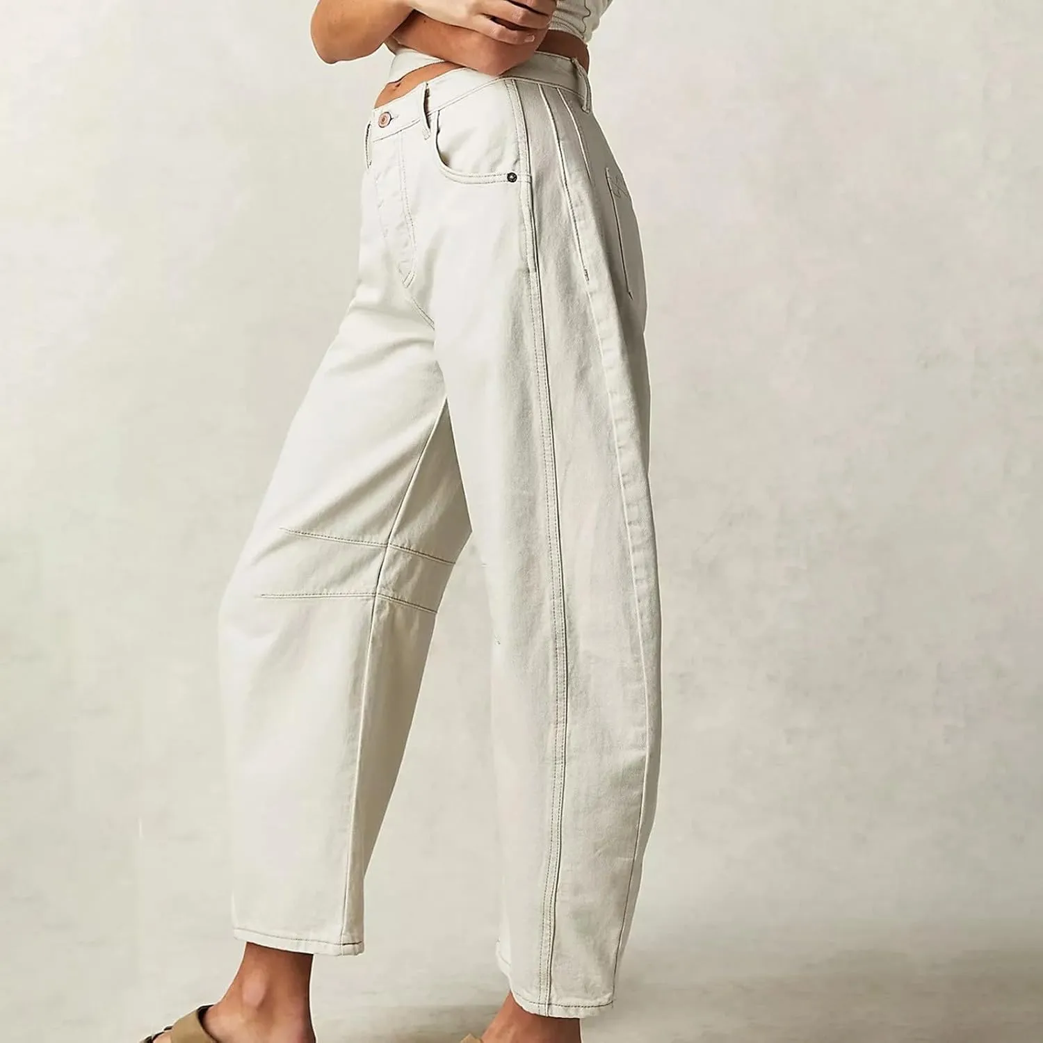 sdbrld Wide Leg Barrel Jeans for Women,Women's Baggy Jeans Barrel Horseshoe Boyfriend Cropped Raw Hem Denim Pants with Pocket