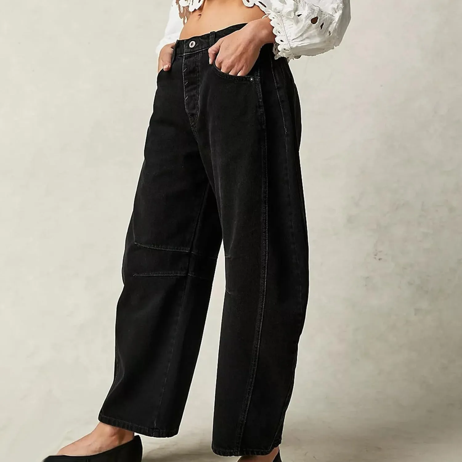 sdbrld Wide Leg Barrel Jeans for Women,Women's Baggy Jeans Barrel Horseshoe Boyfriend Cropped Raw Hem Denim Pants with Pocket