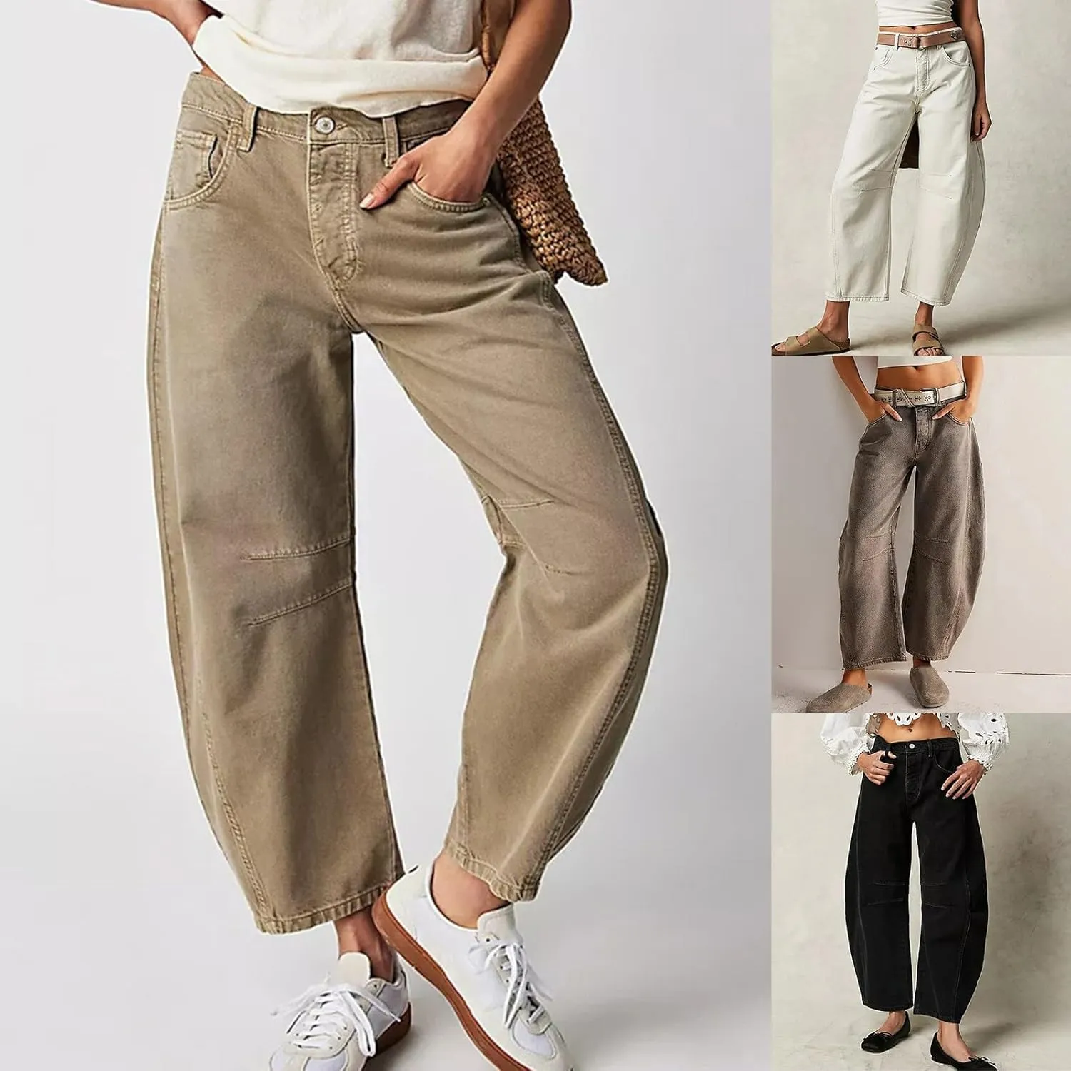 sdbrld Wide Leg Barrel Jeans for Women,Women's Baggy Jeans Barrel Horseshoe Boyfriend Cropped Raw Hem Denim Pants with Pocket