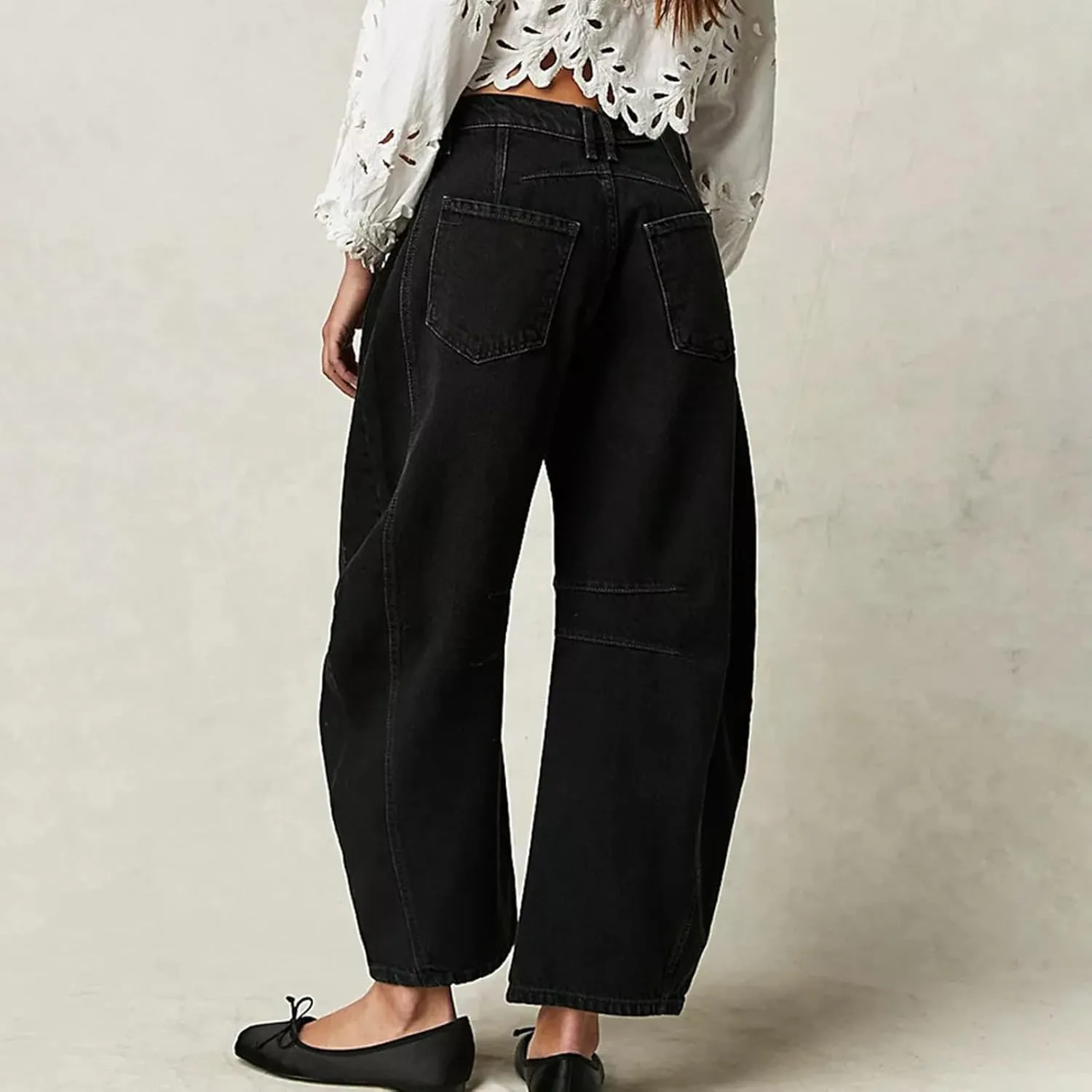 sdbrld Wide Leg Barrel Jeans for Women,Women's Baggy Jeans Barrel Horseshoe Boyfriend Cropped Raw Hem Denim Pants with Pocket