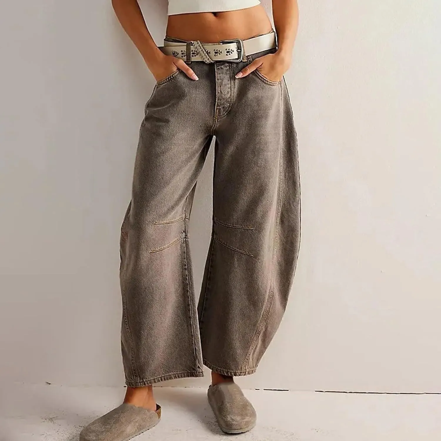 sdbrld Wide Leg Barrel Jeans for Women,Women's Baggy Jeans Barrel Horseshoe Boyfriend Cropped Raw Hem Denim Pants with Pocket
