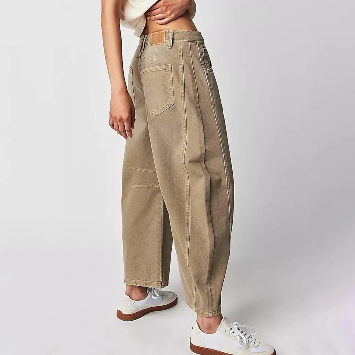 sdbrld Wide Leg Barrel Jeans for Women,Women's Baggy Jeans Barrel Horseshoe Boyfriend Cropped Raw Hem Denim Pants with Pocket