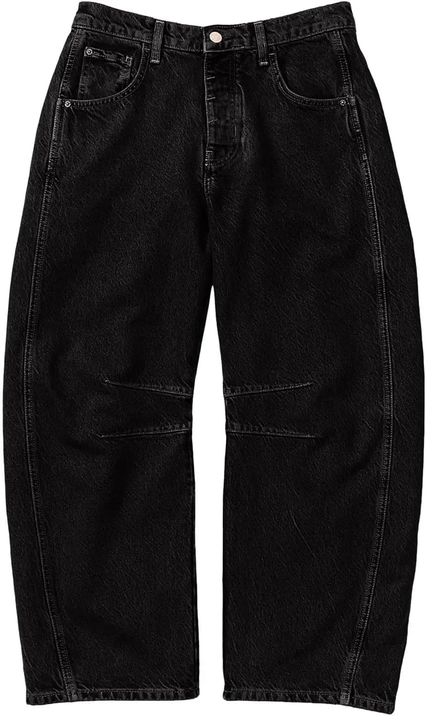 sdbrld Wide Leg Barrel Jeans for Women,Women's Baggy Jeans Barrel Horseshoe Boyfriend Cropped Raw Hem Denim Pants with Pocket
