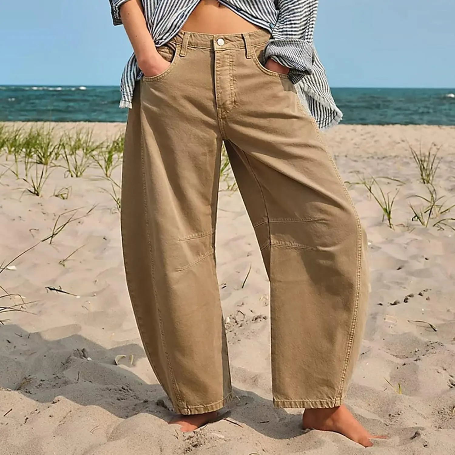 sdbrld Wide Leg Barrel Jeans for Women,Women's Baggy Jeans Barrel Horseshoe Boyfriend Cropped Raw Hem Denim Pants with Pocket