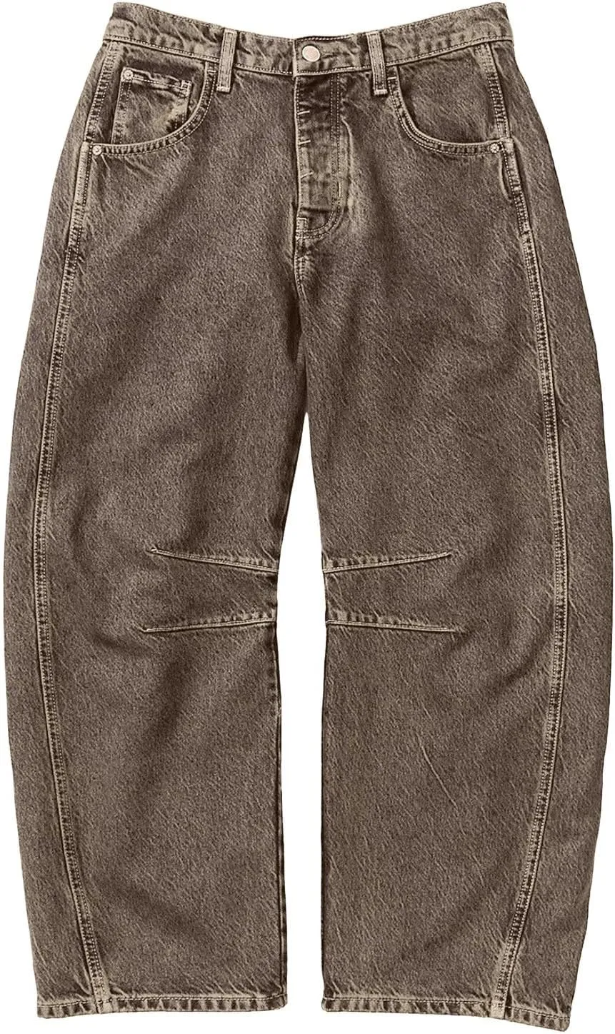 sdbrld Wide Leg Barrel Jeans for Women,Women's Baggy Jeans Barrel Horseshoe Boyfriend Cropped Raw Hem Denim Pants with Pocket