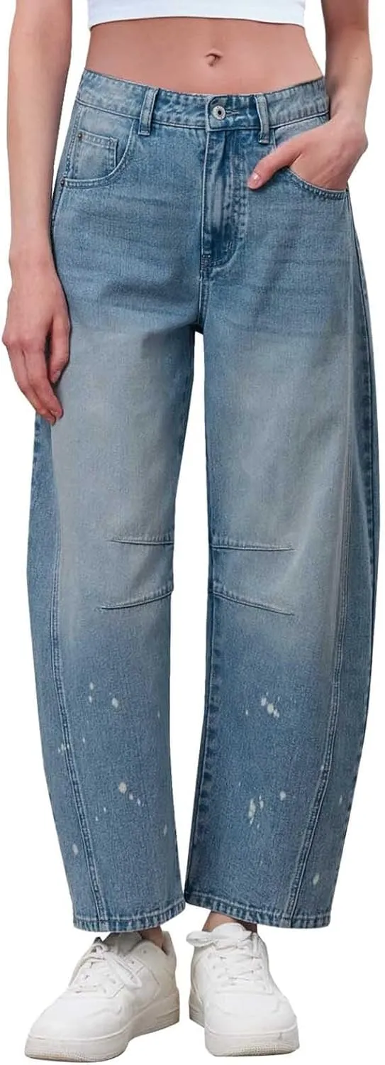 sdbrld Wide Leg Barrel Jeans for Women,Women's Baggy Jeans Barrel Horseshoe Boyfriend Cropped Raw Hem Denim Pants with Pocket