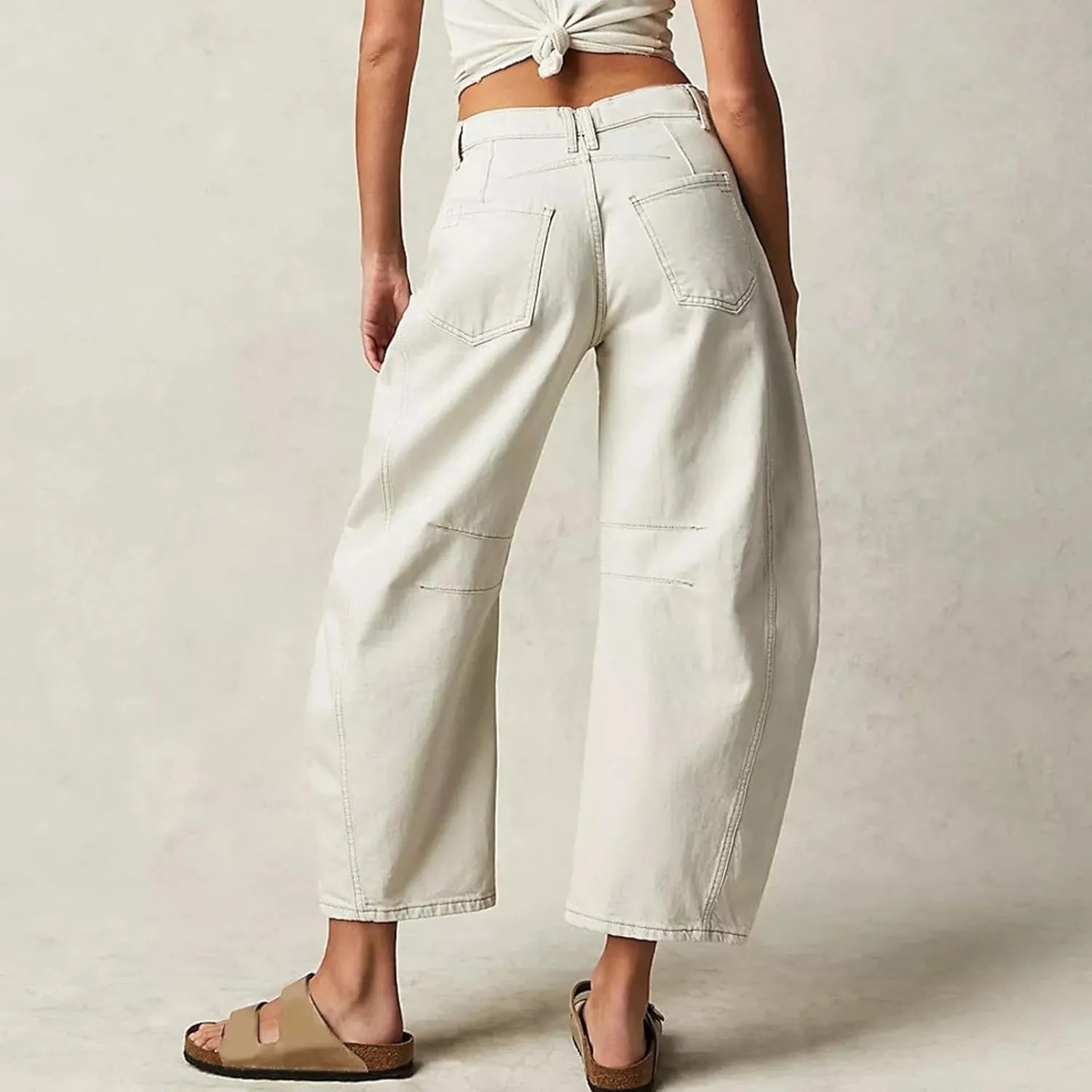 sdbrld Wide Leg Barrel Jeans for Women,Women's Baggy Jeans Barrel Horseshoe Boyfriend Cropped Raw Hem Denim Pants with Pocket