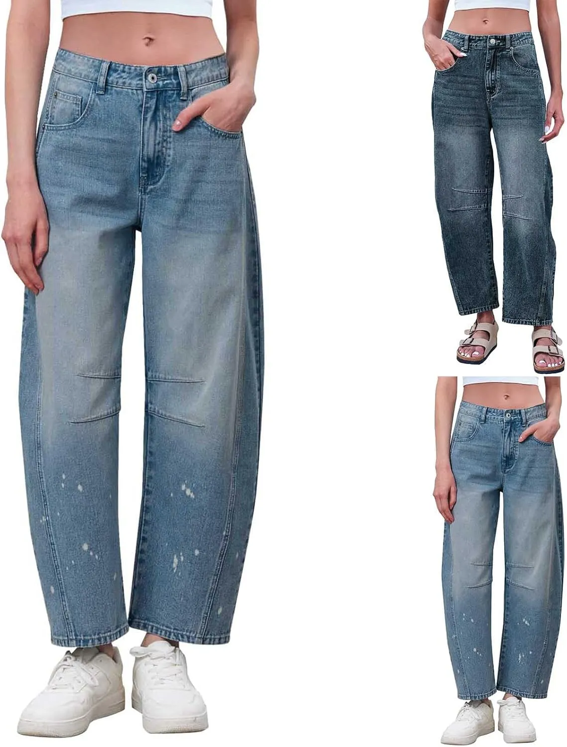 sdbrld Wide Leg Barrel Jeans for Women,Women's Baggy Jeans Barrel Horseshoe Boyfriend Cropped Raw Hem Denim Pants with Pocket