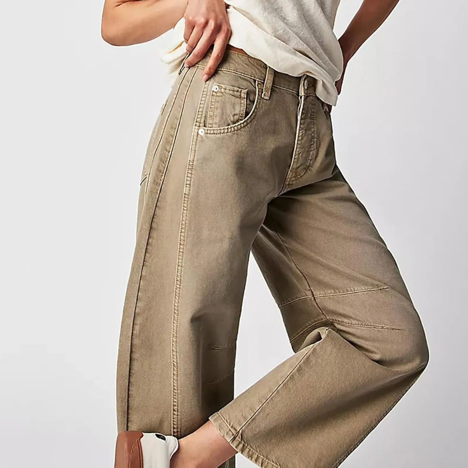 sdbrld Wide Leg Barrel Jeans for Women,Women's Baggy Jeans Barrel Horseshoe Boyfriend Cropped Raw Hem Denim Pants with Pocket