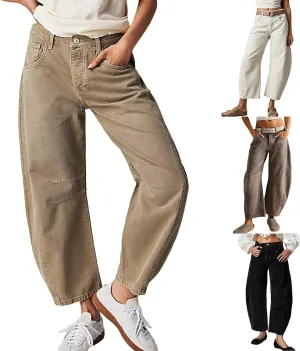 sdbrld Wide Leg Barrel Jeans for Women,Women's Baggy Jeans Barrel Horseshoe Boyfriend Cropped Raw Hem Denim Pants with Pocket
