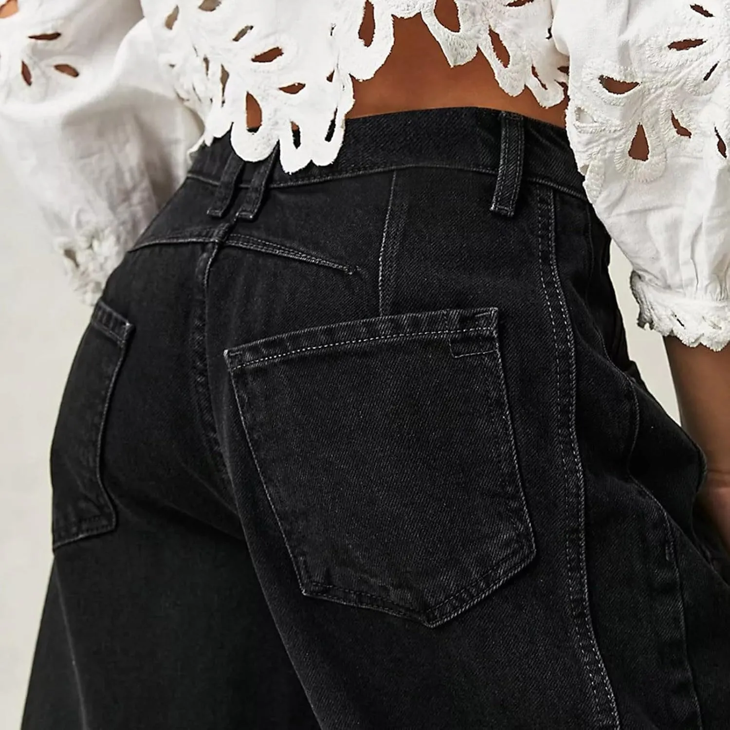 sdbrld Wide Leg Barrel Jeans for Women,Women's Baggy Jeans Barrel Horseshoe Boyfriend Cropped Raw Hem Denim Pants with Pocket
