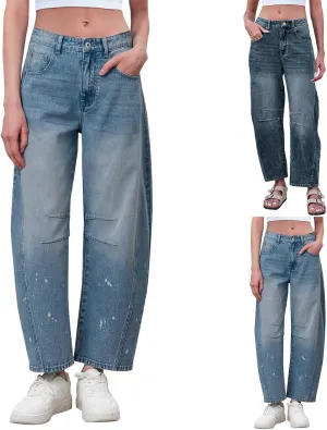 sdbrld Wide Leg Barrel Jeans for Women,Women's Baggy Jeans Barrel Horseshoe Boyfriend Cropped Raw Hem Denim Pants with Pocket