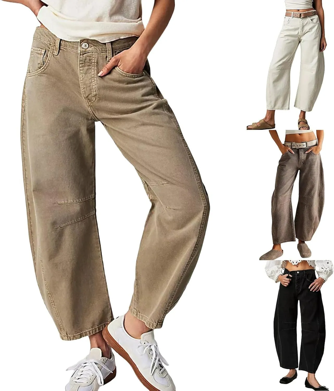 sdbrld Wide Leg Barrel Jeans for Women,Women's Baggy Jeans Barrel Horseshoe Boyfriend Cropped Raw Hem Denim Pants with Pocket