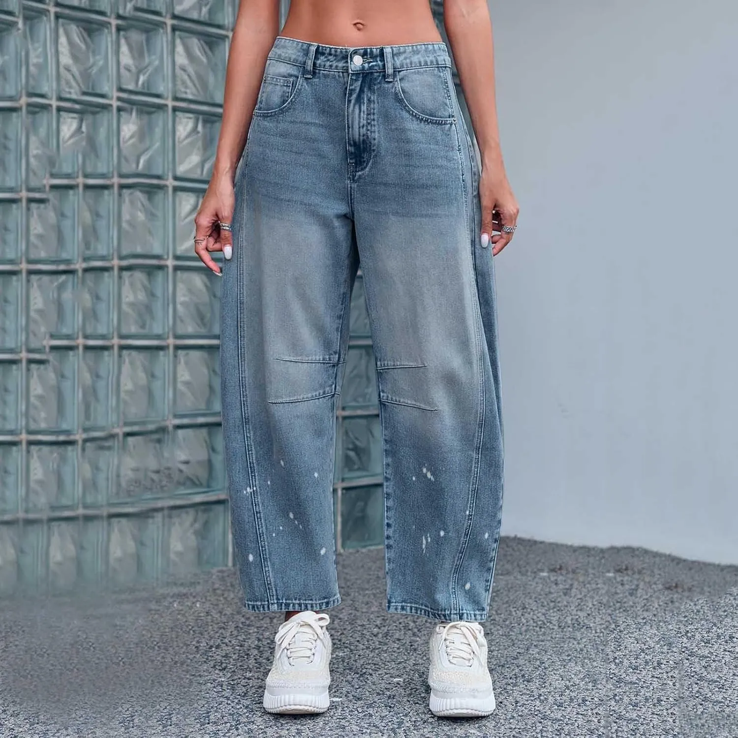 sdbrld Wide Leg Barrel Jeans for Women,Women's Baggy Jeans Barrel Horseshoe Boyfriend Cropped Raw Hem Denim Pants with Pocket