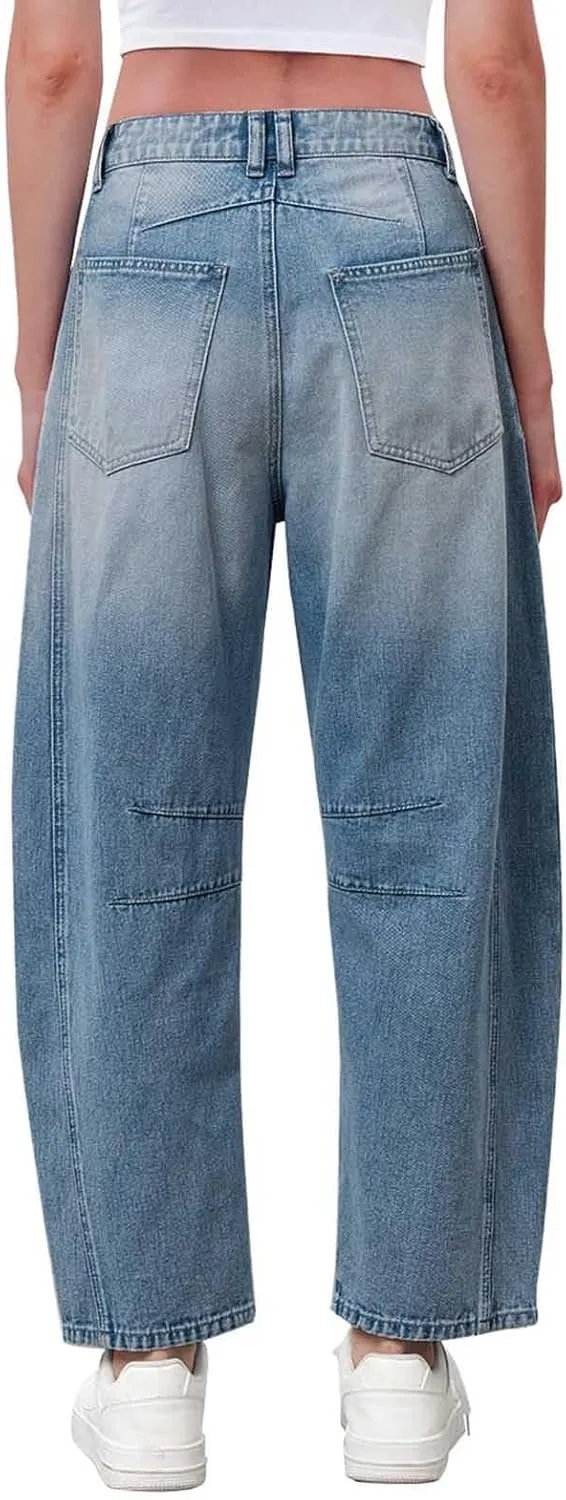 sdbrld Wide Leg Barrel Jeans for Women,Women's Baggy Jeans Barrel Horseshoe Boyfriend Cropped Raw Hem Denim Pants with Pocket