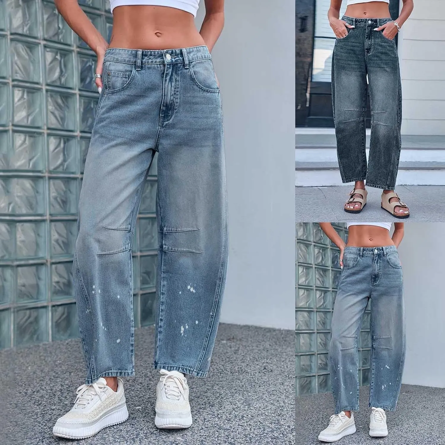 sdbrld Wide Leg Barrel Jeans for Women,Women's Baggy Jeans Barrel Horseshoe Boyfriend Cropped Raw Hem Denim Pants with Pocket