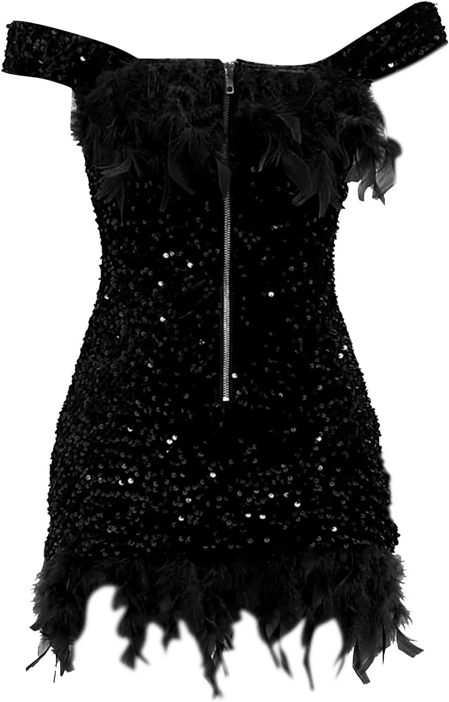 Sequin Feather Dress for Women Bodycon Short Dresses Off Shoulder Mini Dress Plus Size Club Party Night Outfits