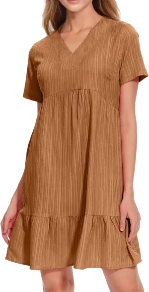 Short Sleeve Dress for Women Casual Summer V Neck Loose Ruffle Midi Dresses Solid Flowy Tiered Swing Beach Sundress