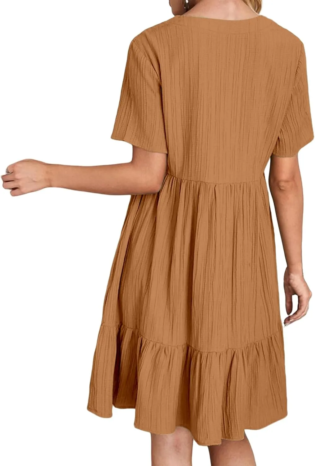 Short Sleeve Dress for Women Casual Summer V Neck Loose Ruffle Midi Dresses Solid Flowy Tiered Swing Beach Sundress