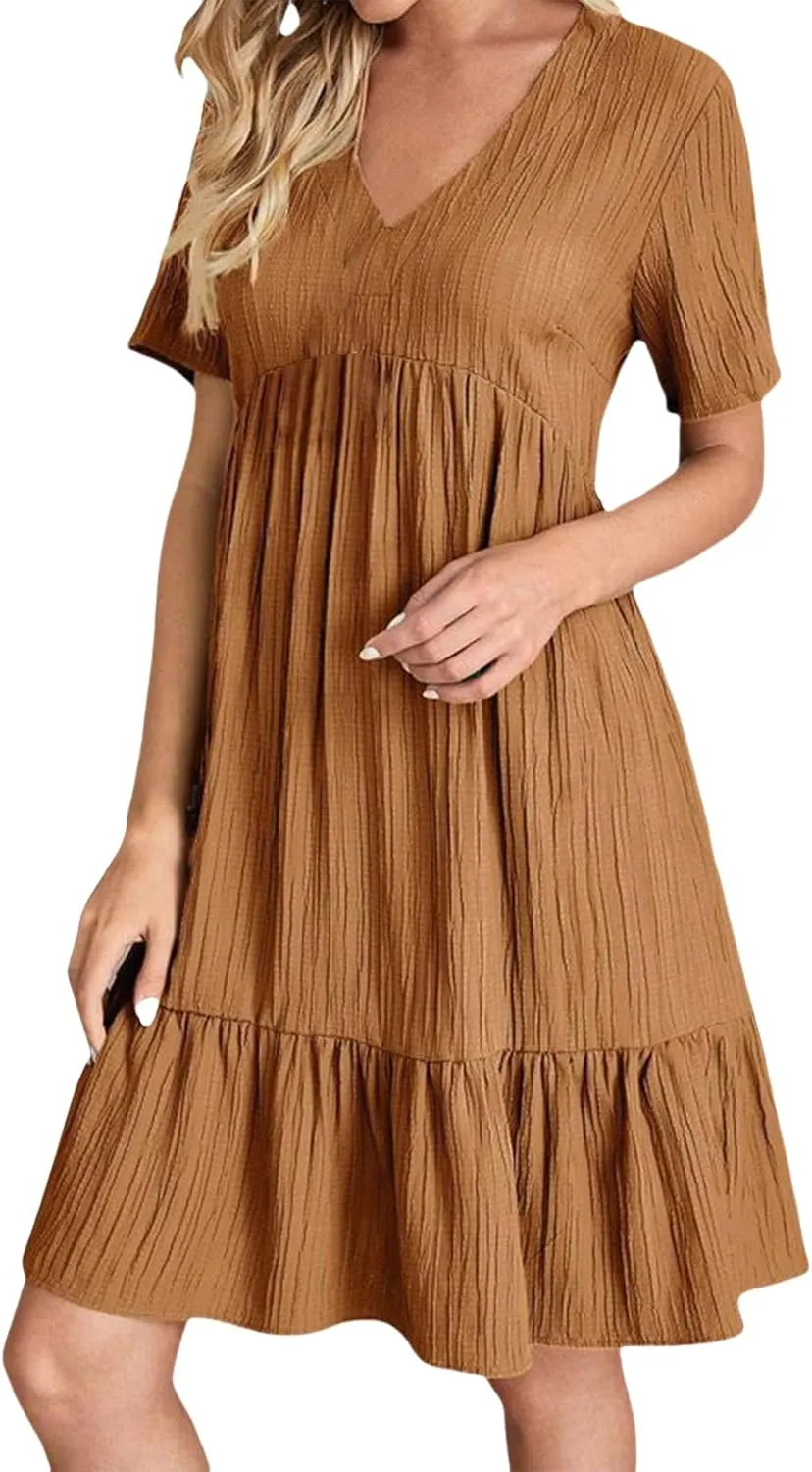 Short Sleeve Dress for Women Casual Summer V Neck Loose Ruffle Midi Dresses Solid Flowy Tiered Swing Beach Sundress