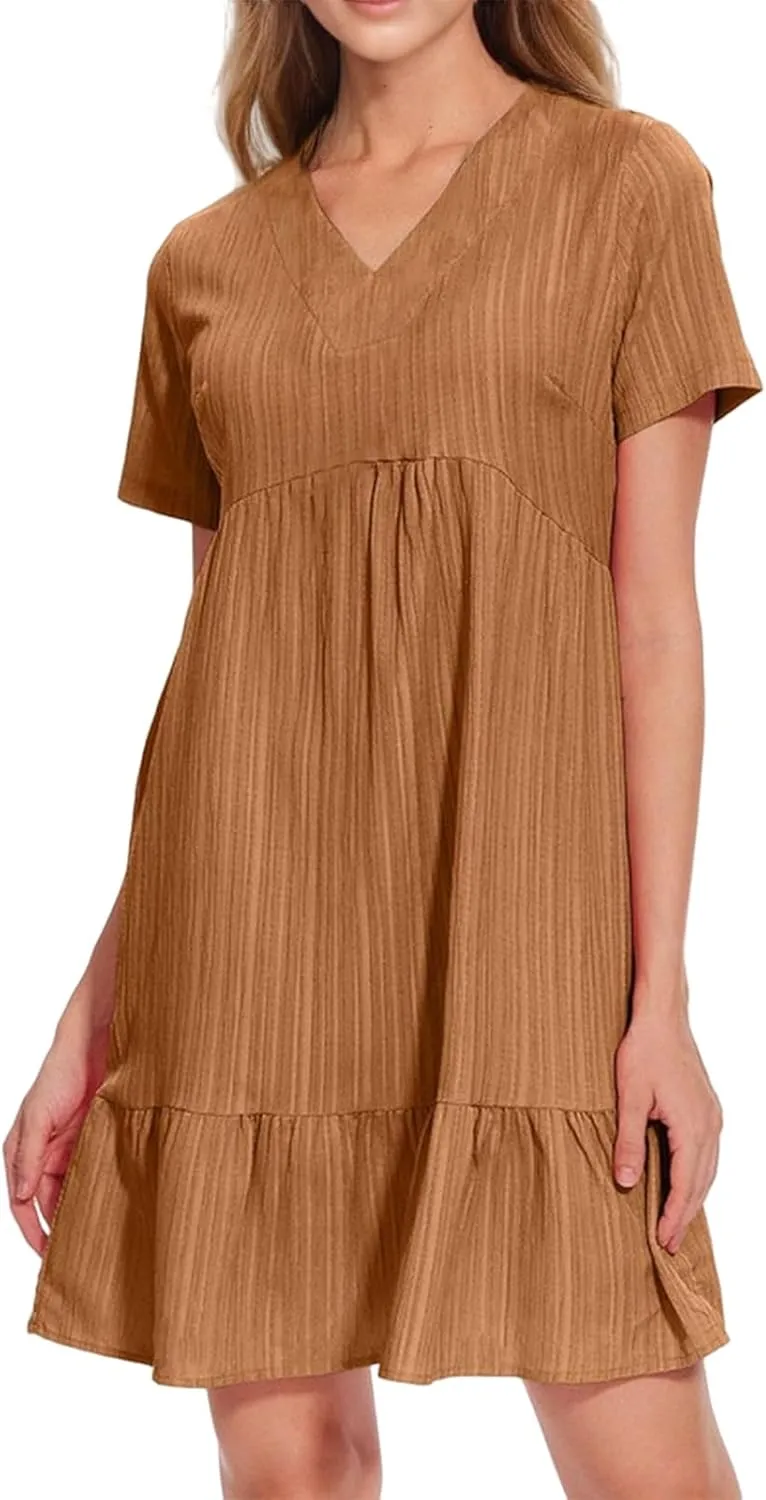 Short Sleeve Dress for Women Casual Summer V Neck Loose Ruffle Midi Dresses Solid Flowy Tiered Swing Beach Sundress