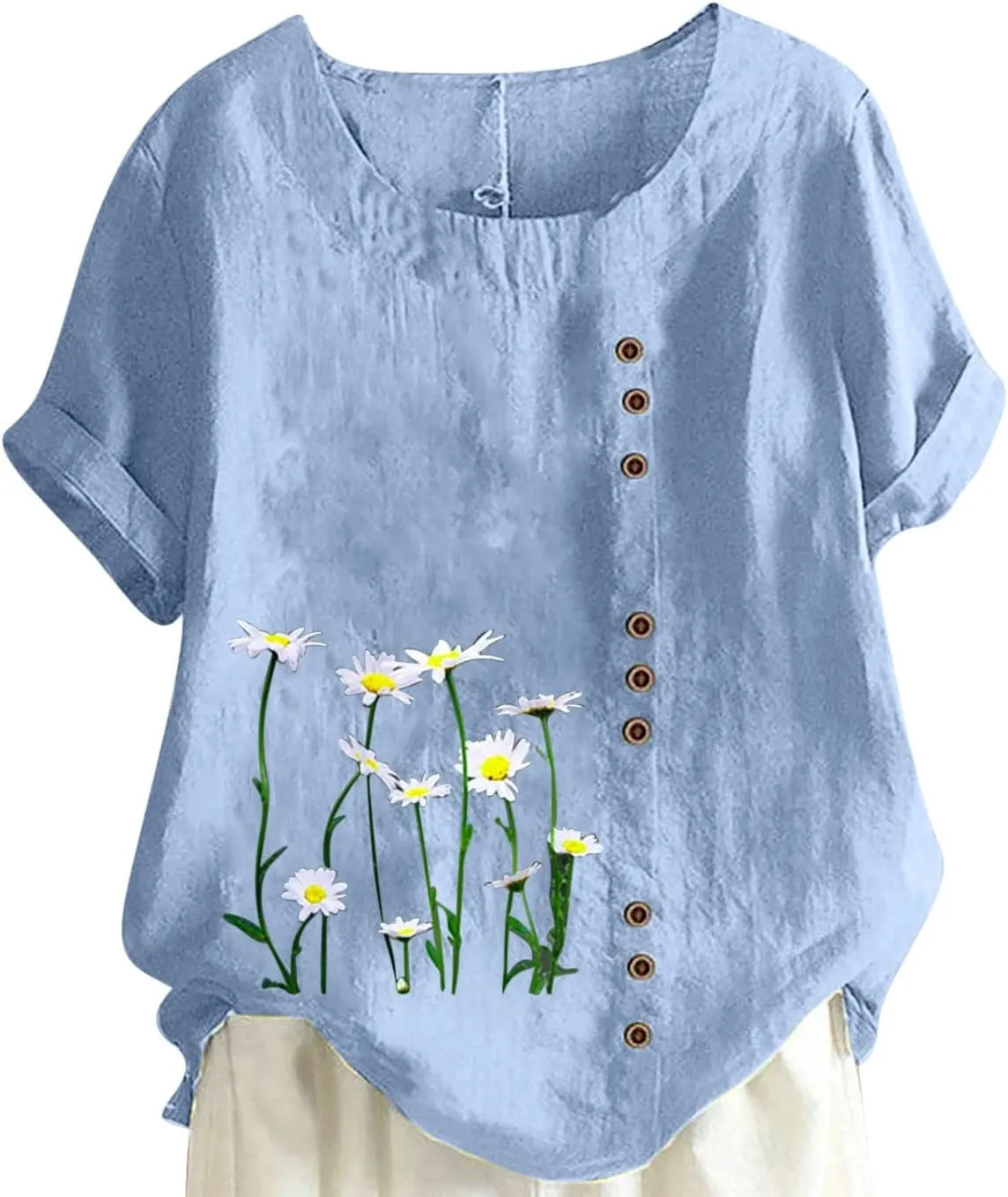 Short Sleeve Tshirts for Women Fall Summer Boat Neck Linen Daisy Flower Loose Fit Long Tops Shirt Women 2024