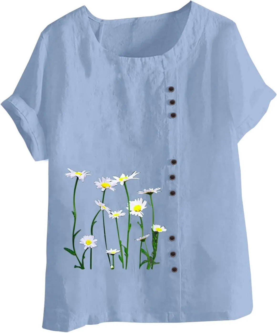 Short Sleeve Tshirts for Women Fall Summer Boat Neck Linen Daisy Flower Loose Fit Long Tops Shirt Women 2024