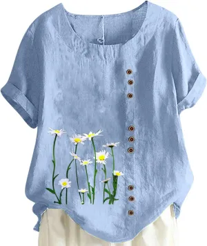 Short Sleeve Tshirts for Women Fall Summer Boat Neck Linen Daisy Flower Loose Fit Long Tops Shirt Women 2024