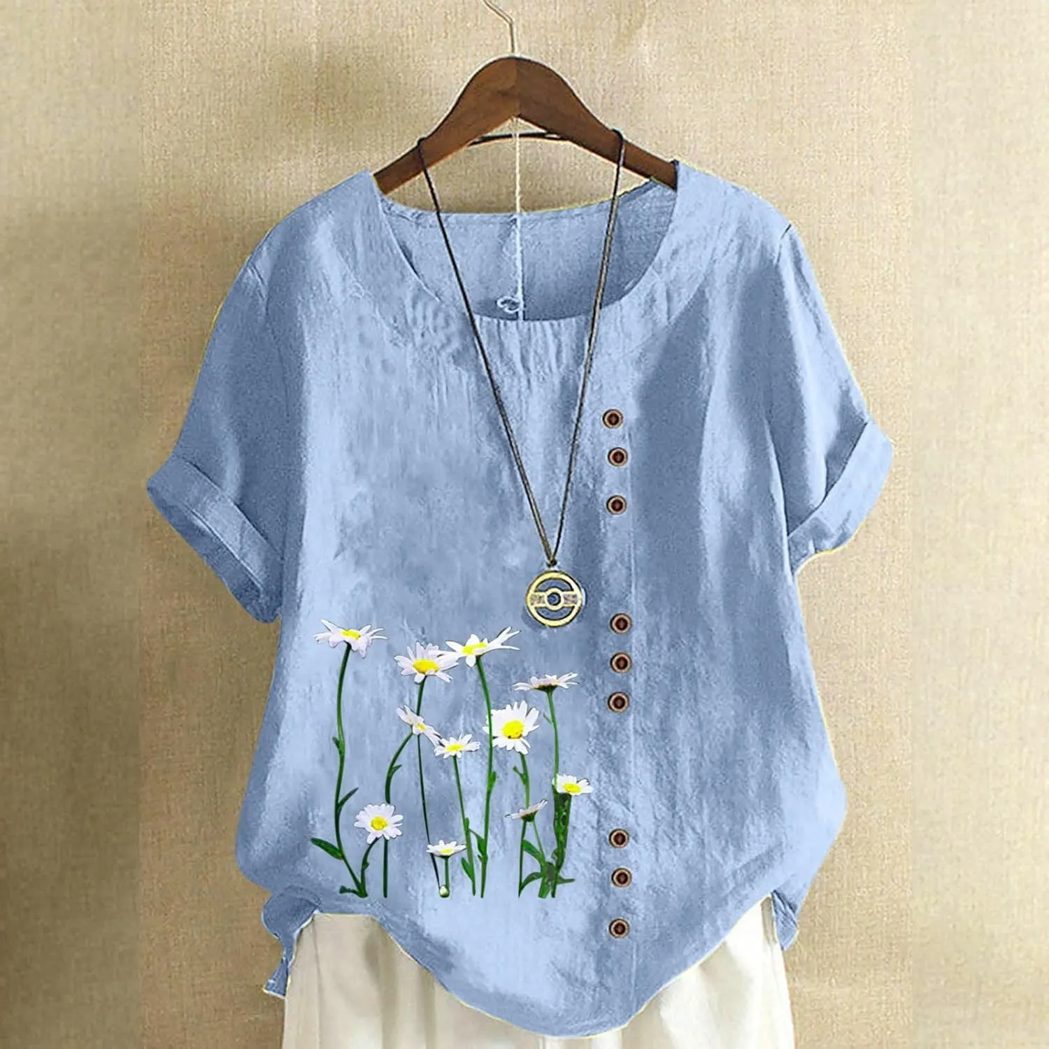 Short Sleeve Tshirts for Women Fall Summer Boat Neck Linen Daisy Flower Loose Fit Long Tops Shirt Women 2024