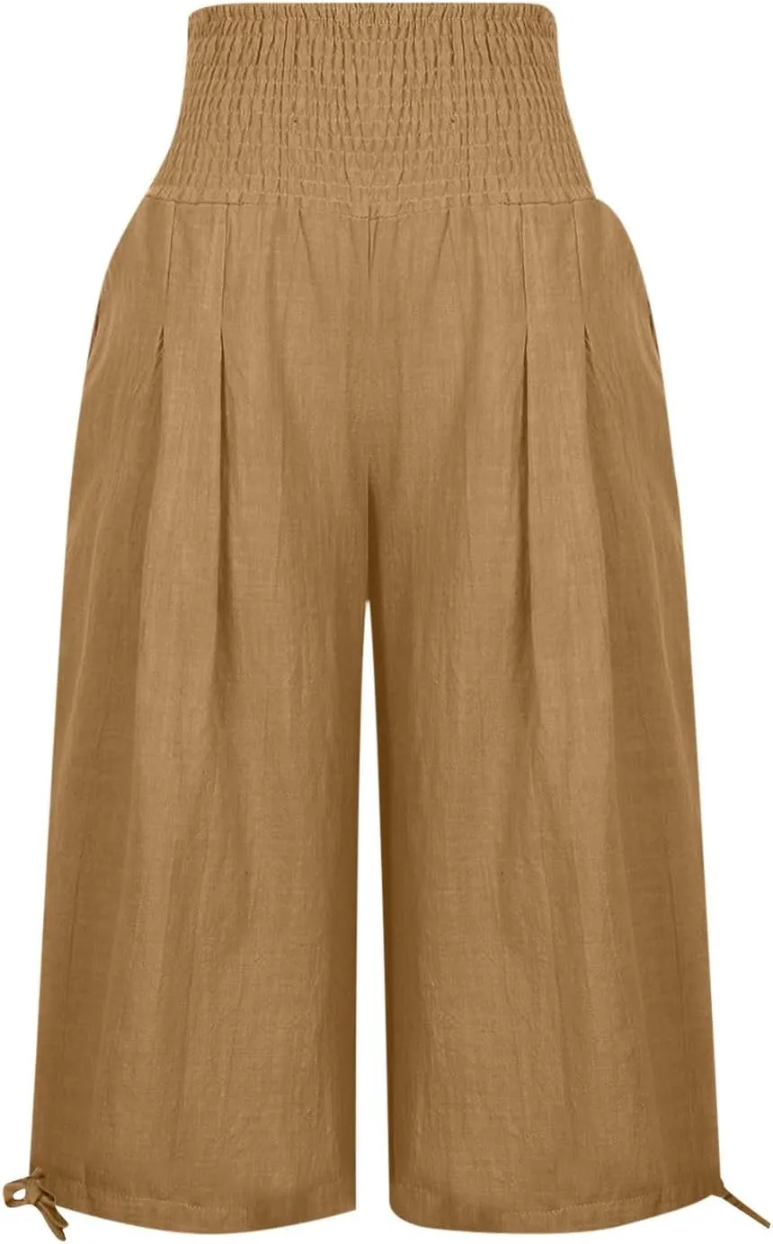 Shorts for Women Summer Cotton Linen Long Shorts Below The Knee High Waisted Loose Shrink Wide Leg Shorts Pants